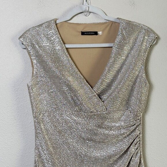 Marina Sheath Cocktail Dress Size 4 Silver Metallic Ruched Waist V Neck Holiday - Picture 2 of 12